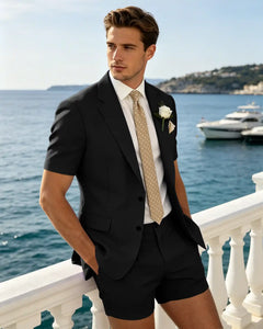 2 Piece Slim Fit Blazer And Shorts Flap Pocket Short Sleeve Suit Set -black -1
