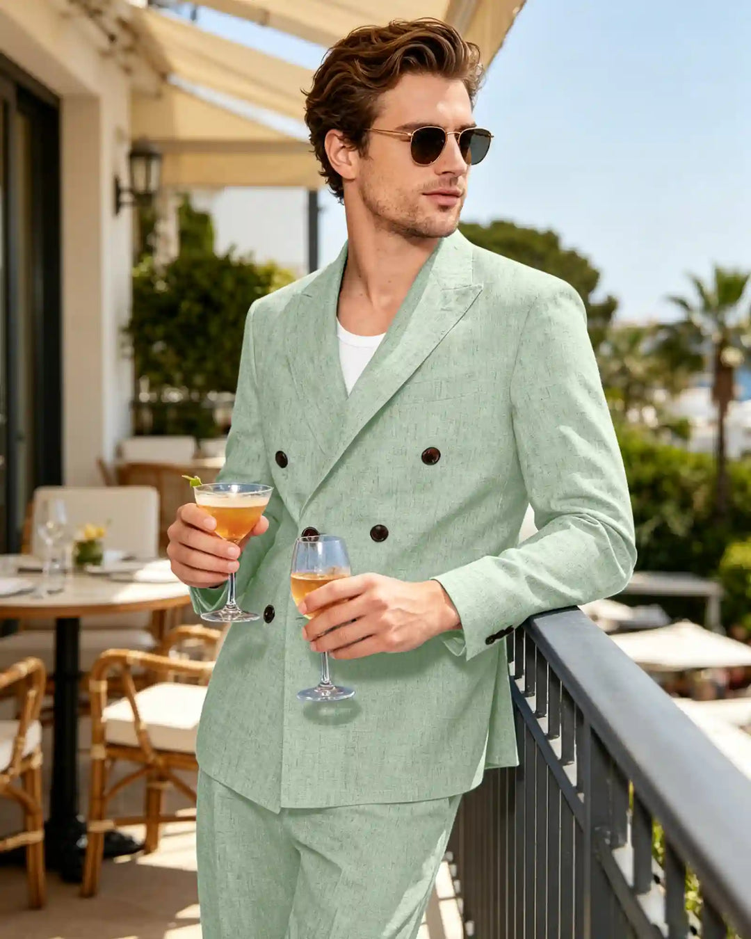 Linen Double Breasted Peak Lapel Summer Suit-Dusty Sage-1
