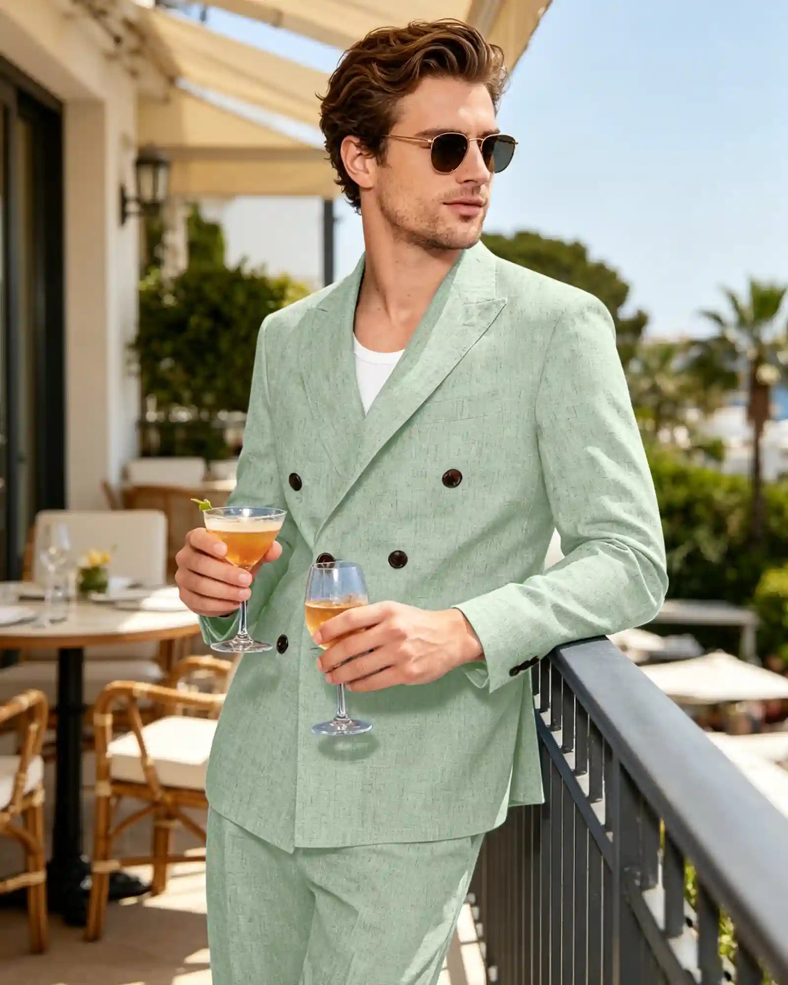 Linen Double Breasted Peak Lapel Summer Suit-Dusty Sage-1
