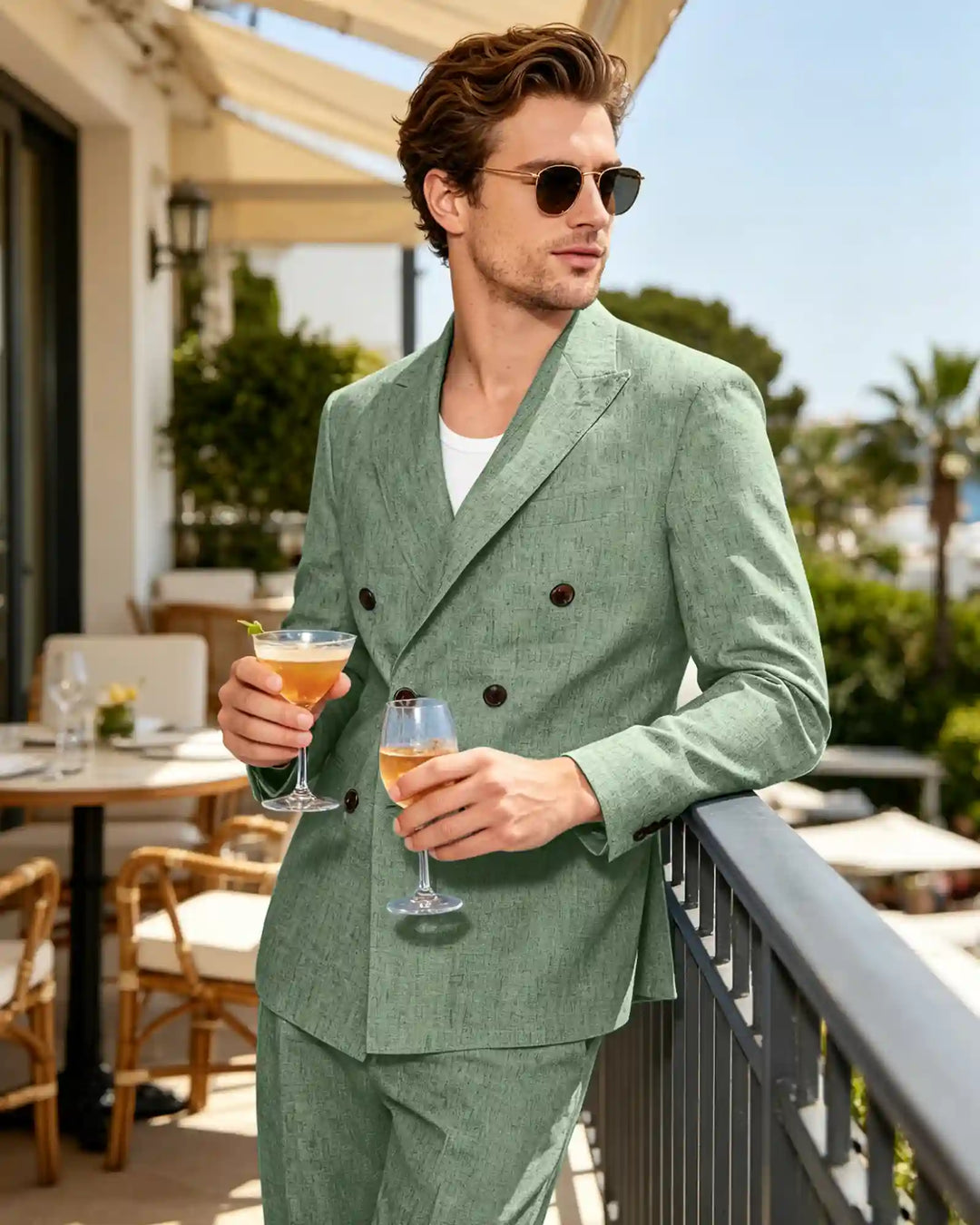Linen Double Breasted Peak Lapel Summer Suit-Green-1
