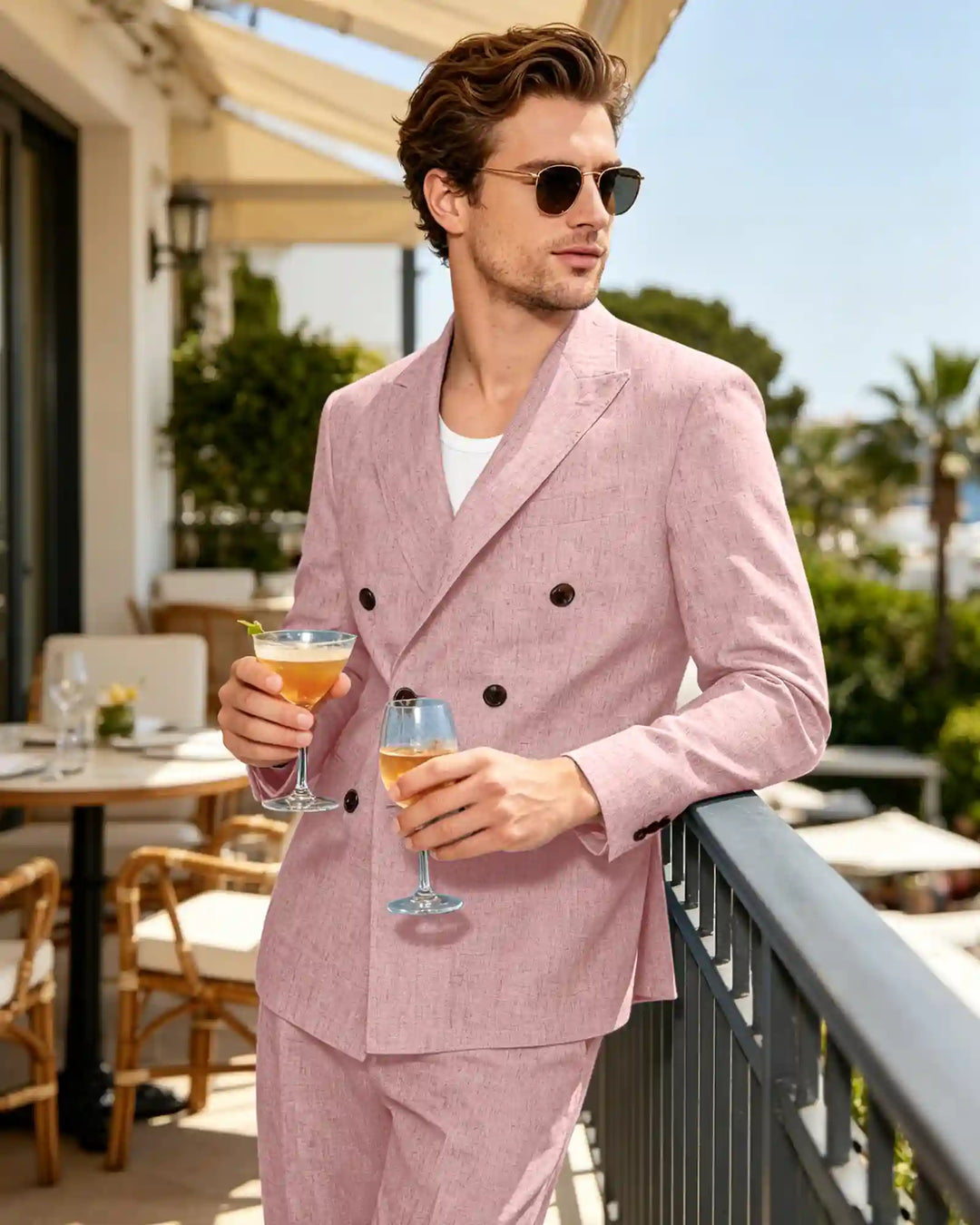 Linen Double Breasted Peak Lapel Summer Suit-Pink-1
