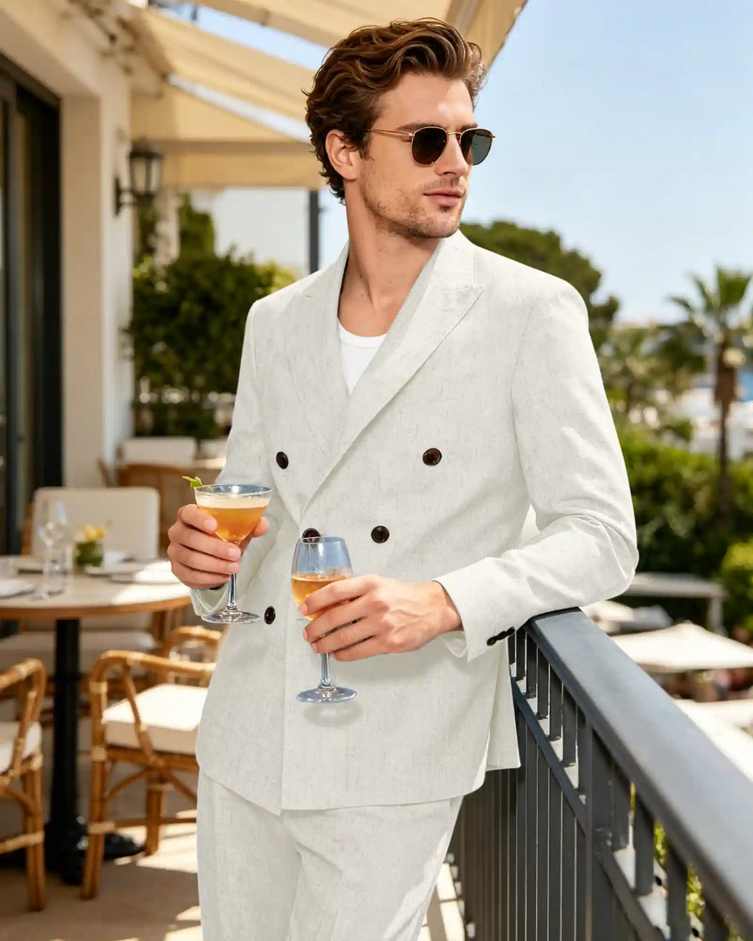 Linen Double Breasted Peak Lapel Summer Suit-White-1
