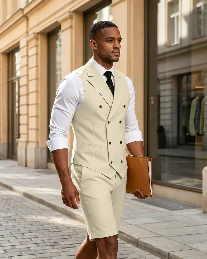 2 Piece Slim Fit Double Breasted Vest Matching Shorts Suit