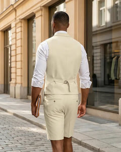 2 Piece Slim Fit Double Breasted Vest Matching Shorts Suit-Beige-3