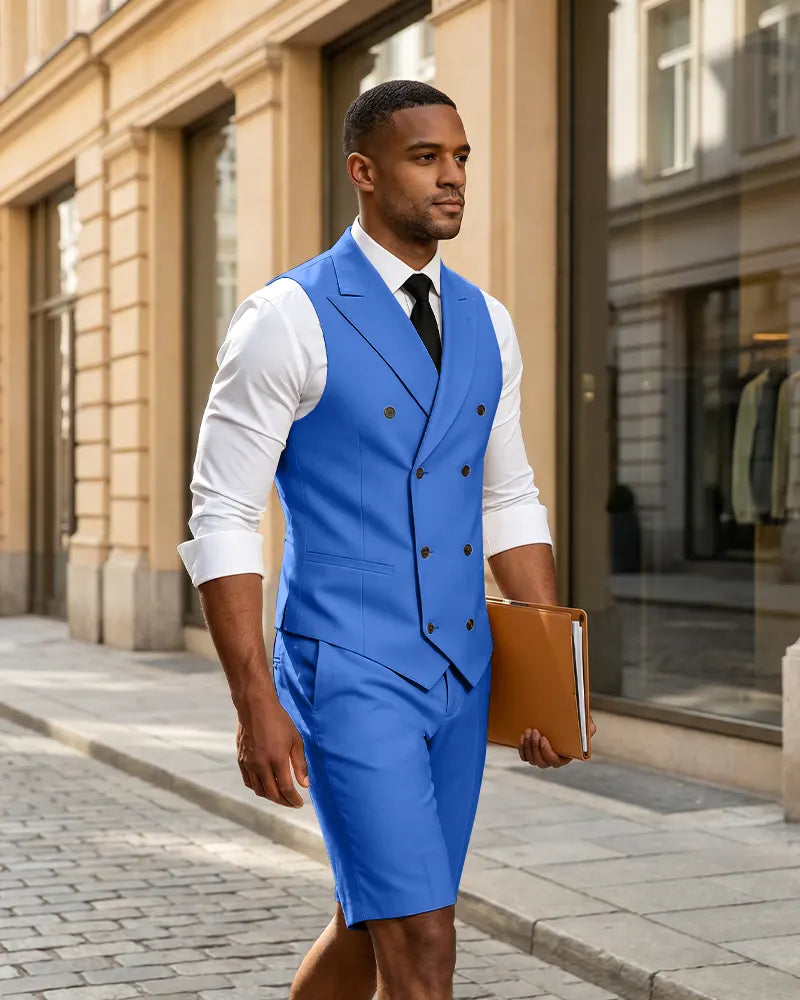 2 Piece Slim Fit Double Breasted Vest Matching Shorts Suit