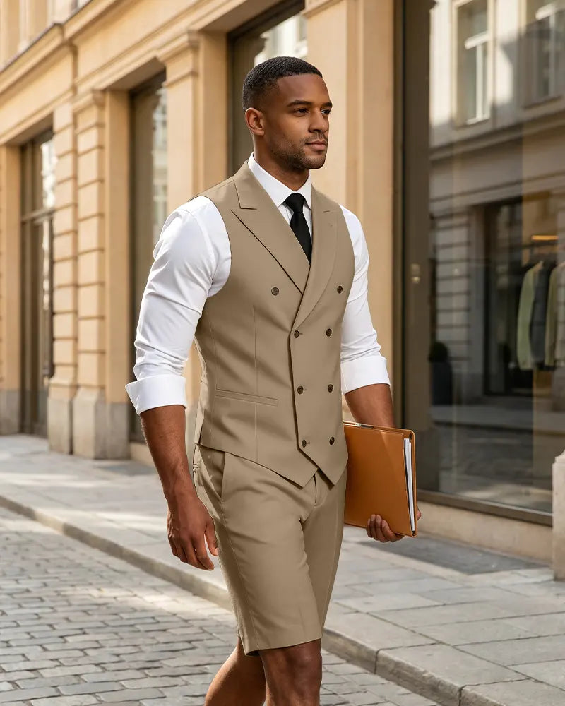 2 Piece Slim Fit Double Breasted Vest Matching Shorts Suit
