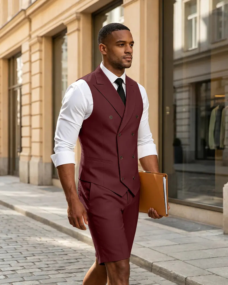 2 Piece Slim Fit Double Breasted Vest Matching Shorts Suit
