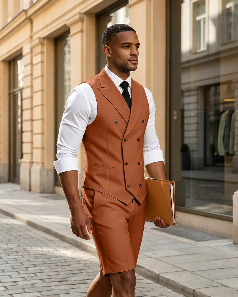 2 Piece Slim Fit Double Breasted Vest Matching Shorts Suit