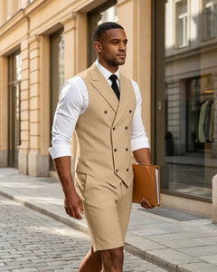 2 Piece Slim Fit Double Breasted Vest Matching Shorts Suit
