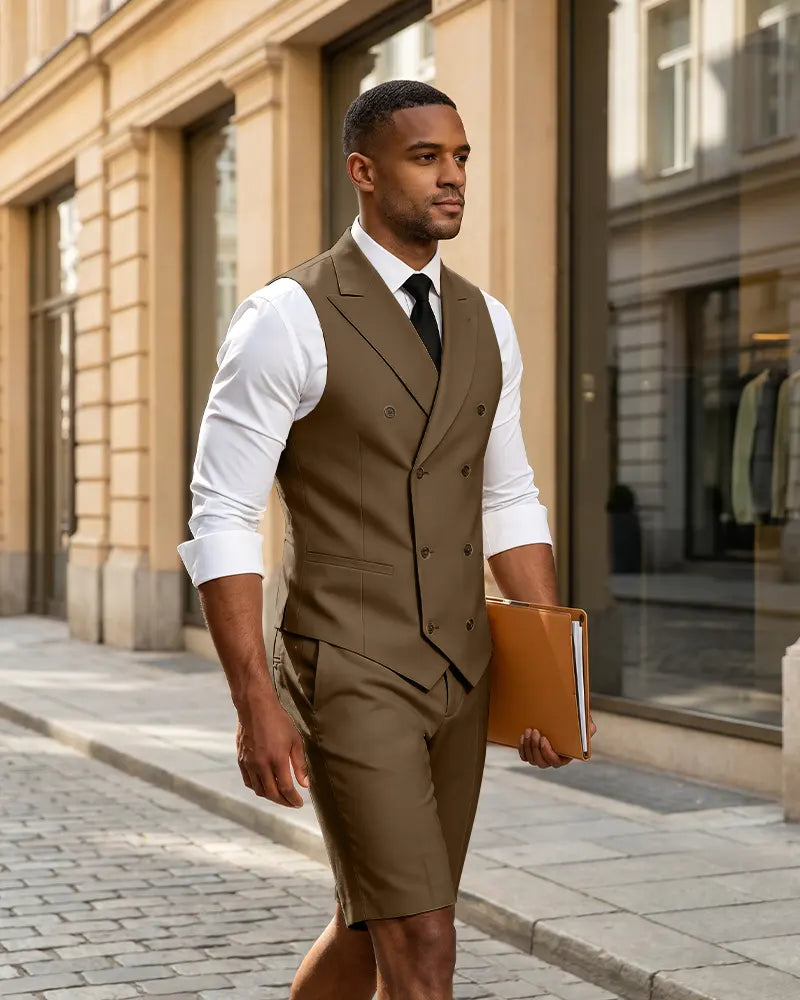2 Piece Slim Fit Double Breasted Vest Matching Shorts Suit-Dark Brown-1