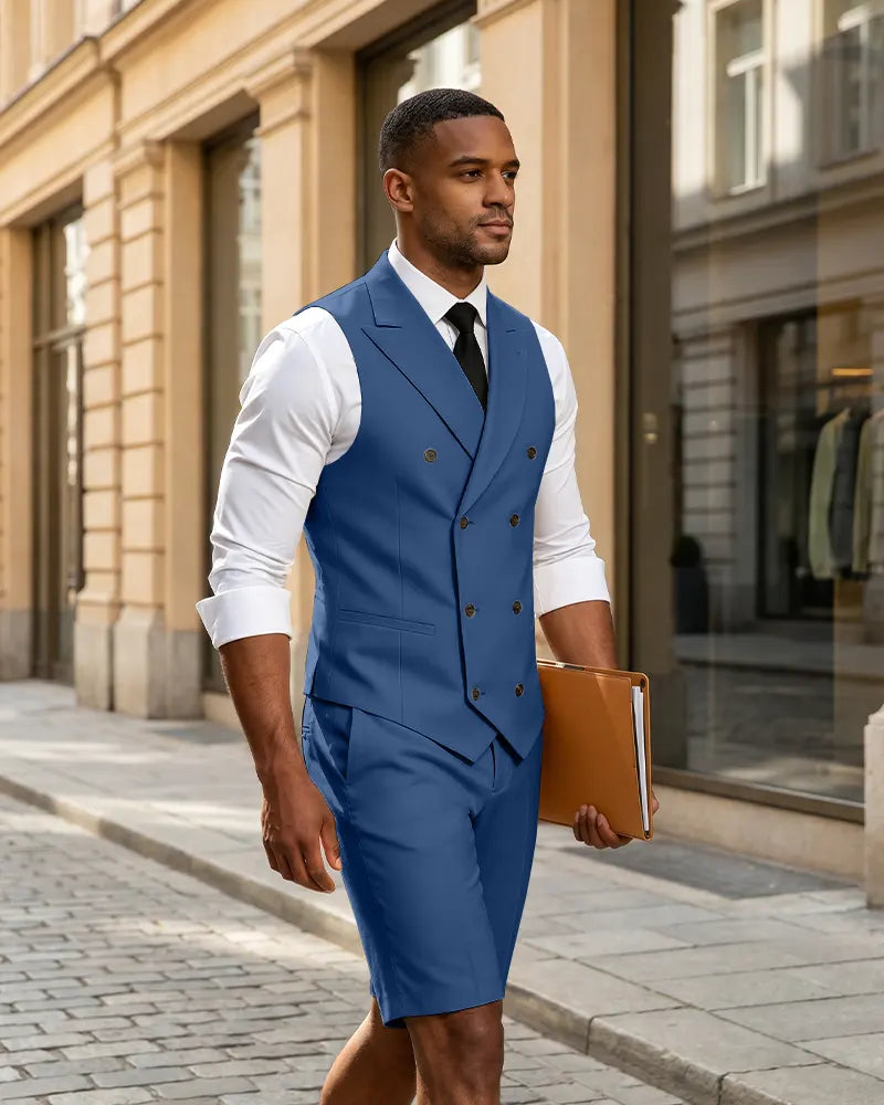 2 Piece Slim Fit Double Breasted Vest Matching Shorts Suit