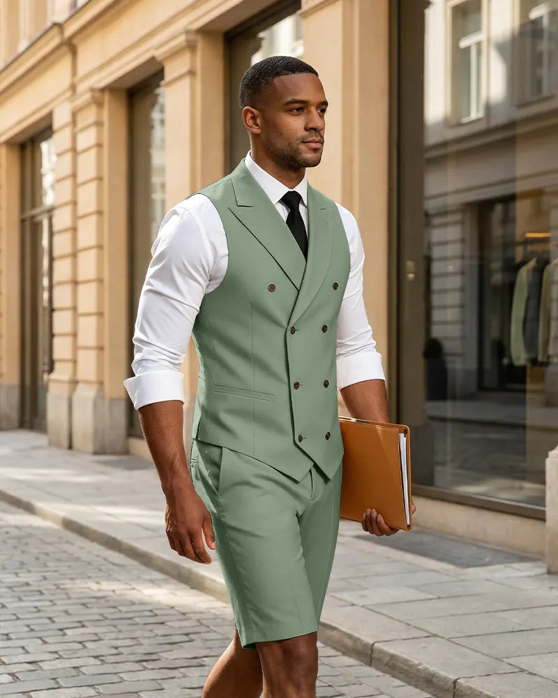 2 Piece Slim Fit Double Breasted Vest Matching Shorts Suit