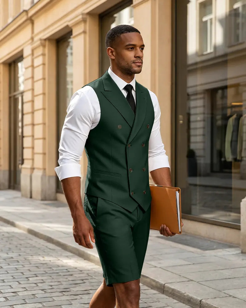 2 Piece Slim Fit Double Breasted Vest Matching Shorts Suit