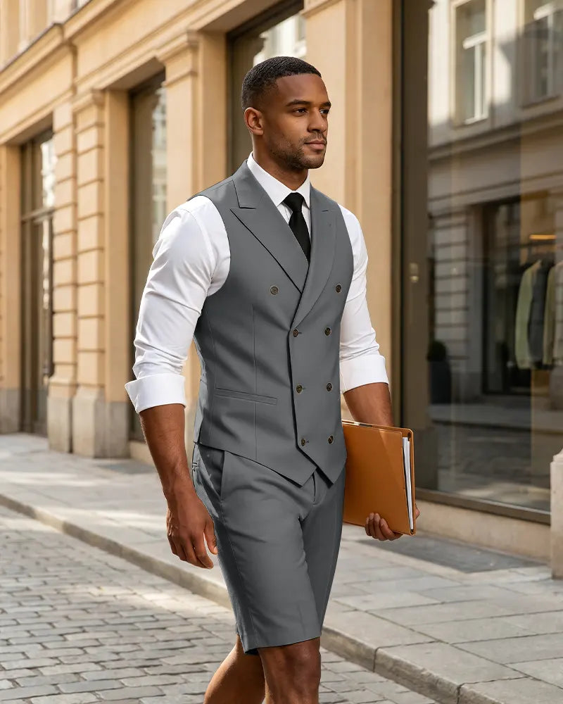 2 Piece Slim Fit Double Breasted Vest Matching Shorts Suit