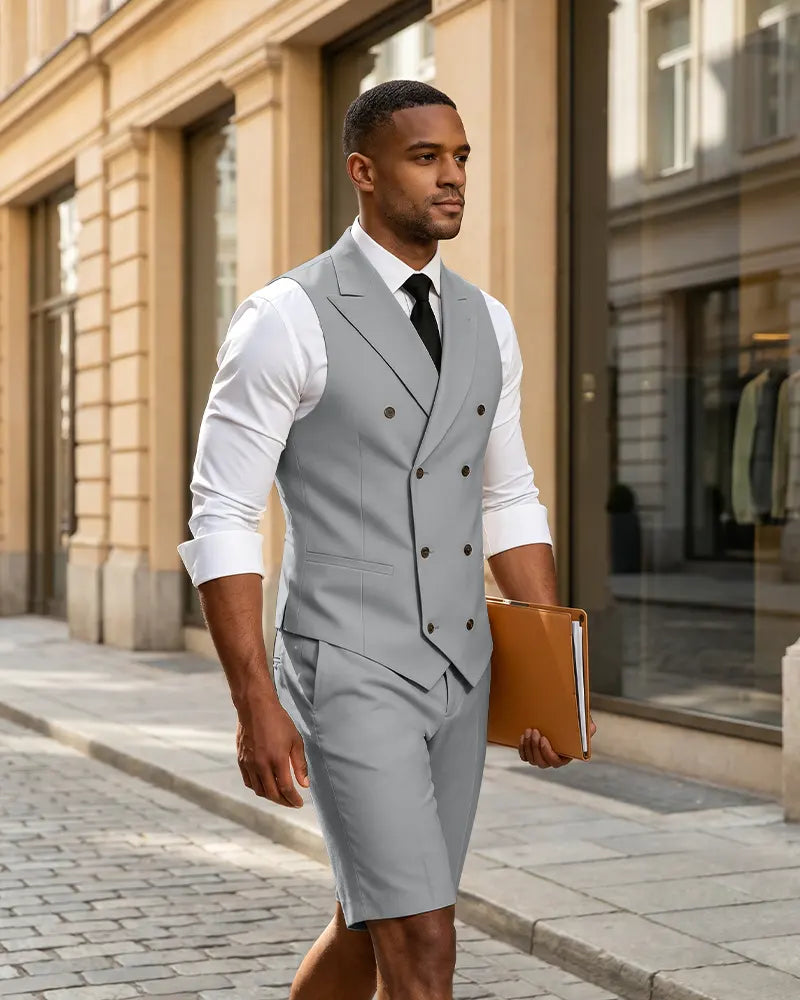 2 Piece Slim Fit Double Breasted Vest Matching Shorts Suit