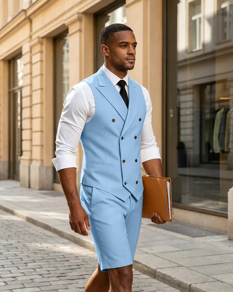 2 Piece Slim Fit Double Breasted Vest Matching Shorts Suit