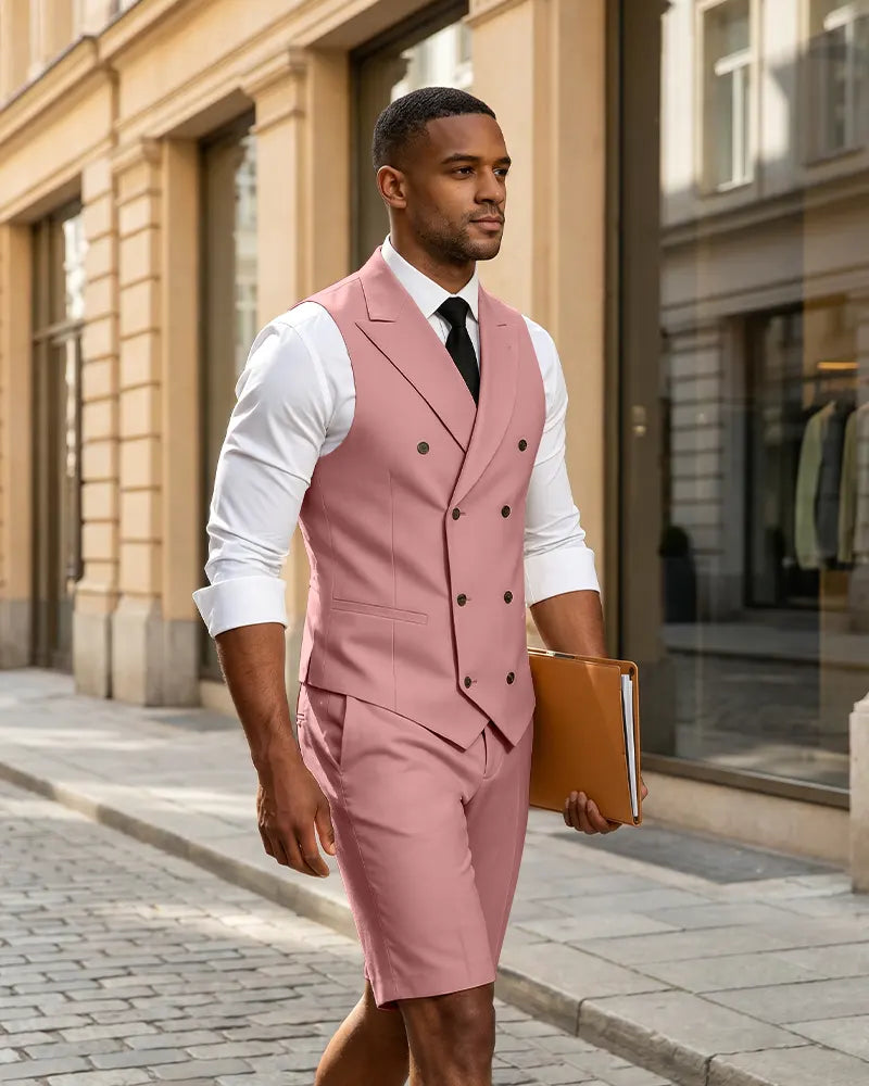 2 Piece Slim Fit Double Breasted Vest Matching Shorts Suit