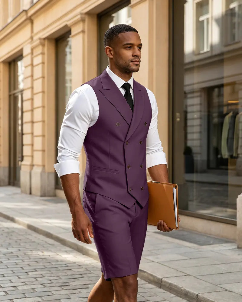 2 Piece Slim Fit Double Breasted Vest Matching Shorts Suit