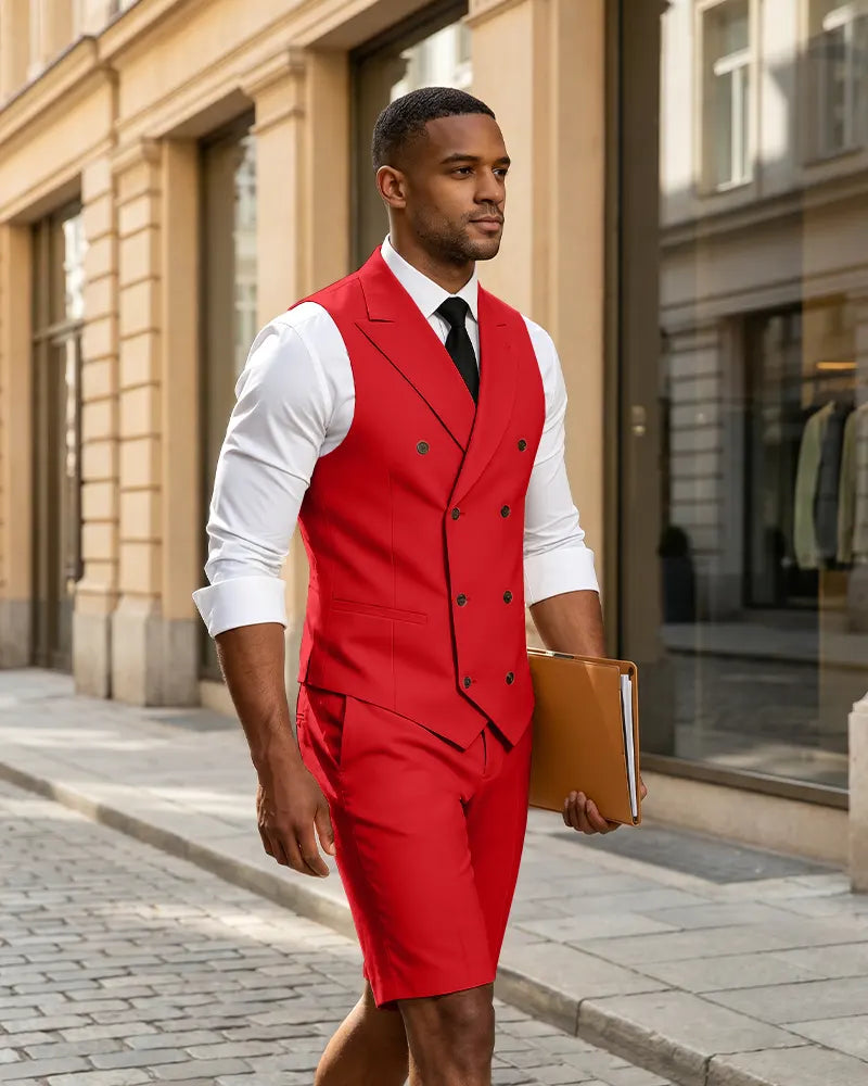 2 Piece Slim Fit Double Breasted Vest Matching Shorts Suit