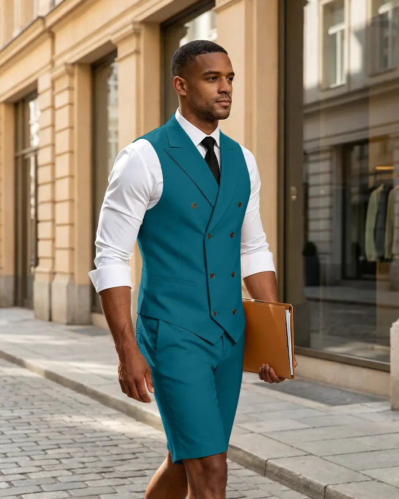2 Piece Slim Fit Double Breasted Vest Matching Shorts Suit