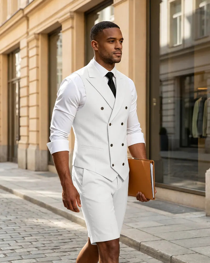 2 Piece Slim Fit Double Breasted Vest Matching Shorts Suit