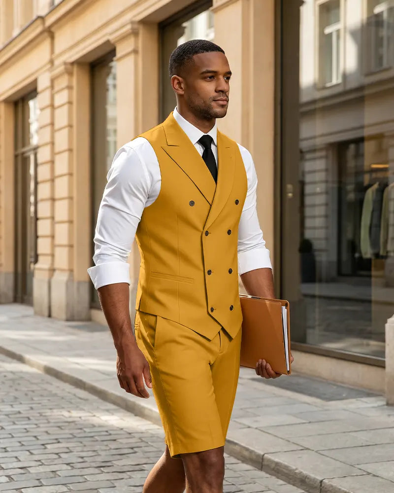 2 Piece Slim Fit Double Breasted Vest Matching Shorts Suit