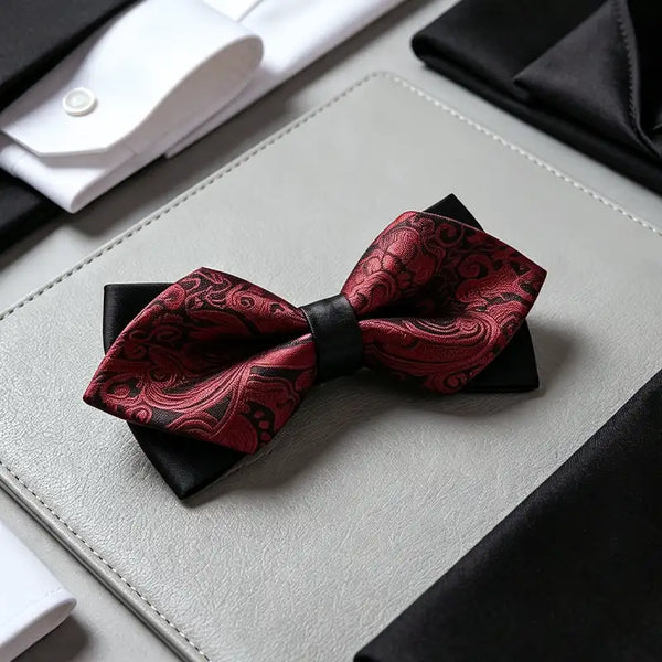 Paisley Double Layer Jacquard Bow Tie-Red-1