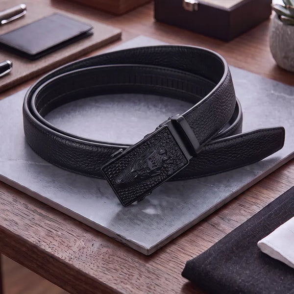 Crocodile Embossed Leather Automatic Buckle Belt-Black-1