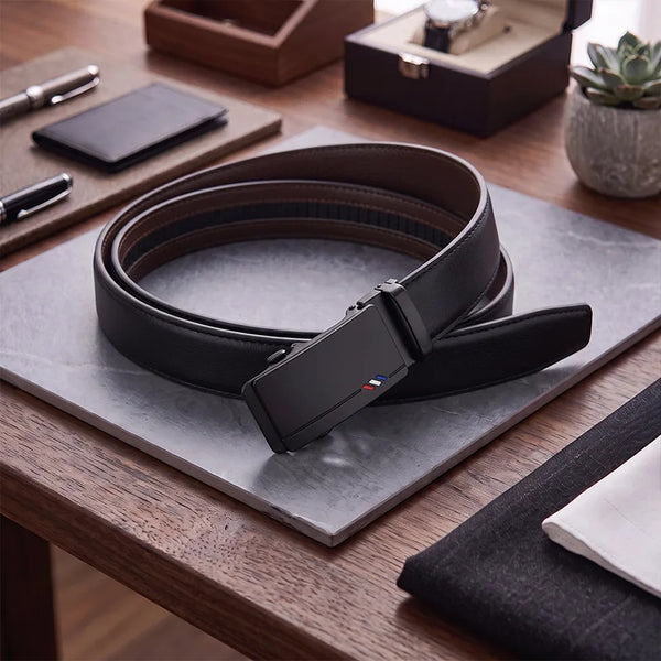Genuine Leather Ratchet Belt Metal Buckle-Black-1