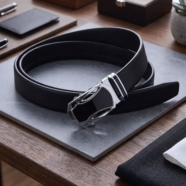 Modern Hollow Silver Auto Buckle Leather Belt-Black-1