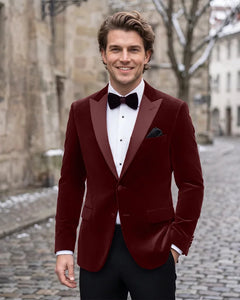 Velvet Peak Lapel Single Breasted Tuxedo Jacket-Burgundy-1