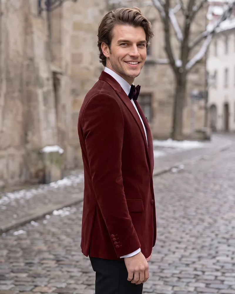 Velvet Peak Lapel Single Breasted Tuxedo Jacket-Burgundy-2