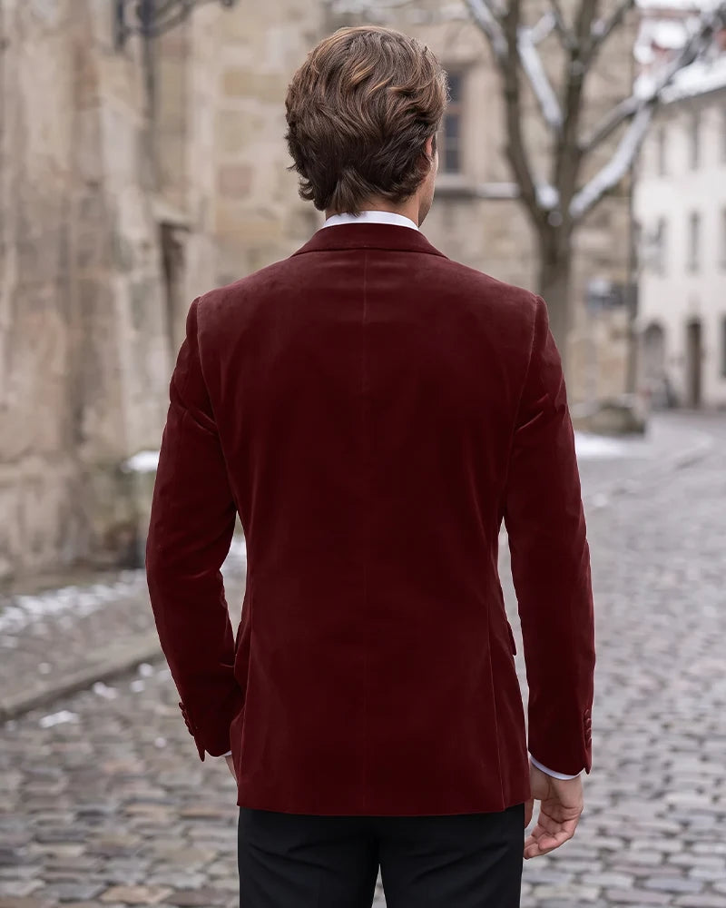 Velvet Peak Lapel Single Breasted Tuxedo Jacket-Burgundy-3