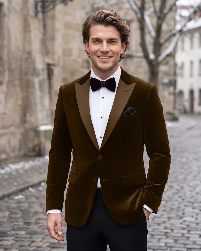 Velvet Peak Lapel Single Breasted Tuxedo Jacket-DarkBrown-1