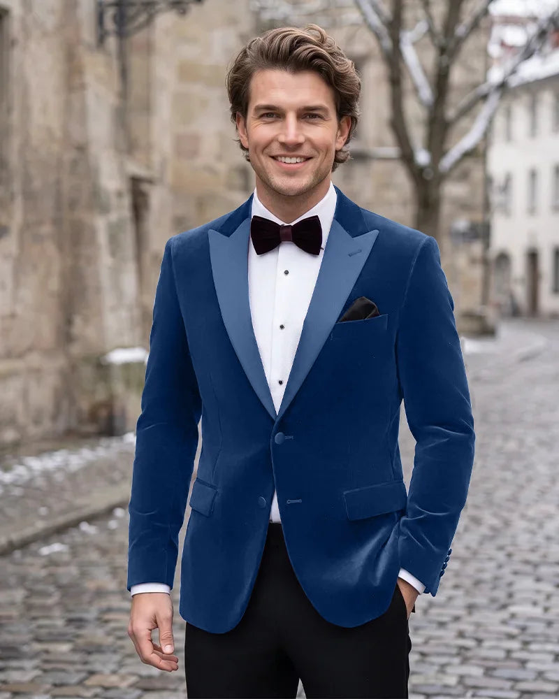 Velvet Peak Lapel Single Breasted Tuxedo Jacket-DarkNavy-1