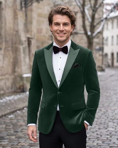 Velvet Peak Lapel Single Breasted Tuxedo Jacket-Green-1