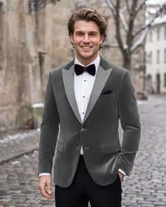 Velvet Peak Lapel Single Breasted Tuxedo Jacket-Grey-1