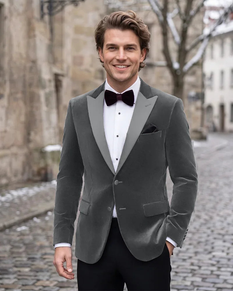 Velvet Peak Lapel Single Breasted Tuxedo Jacket-Grey-1