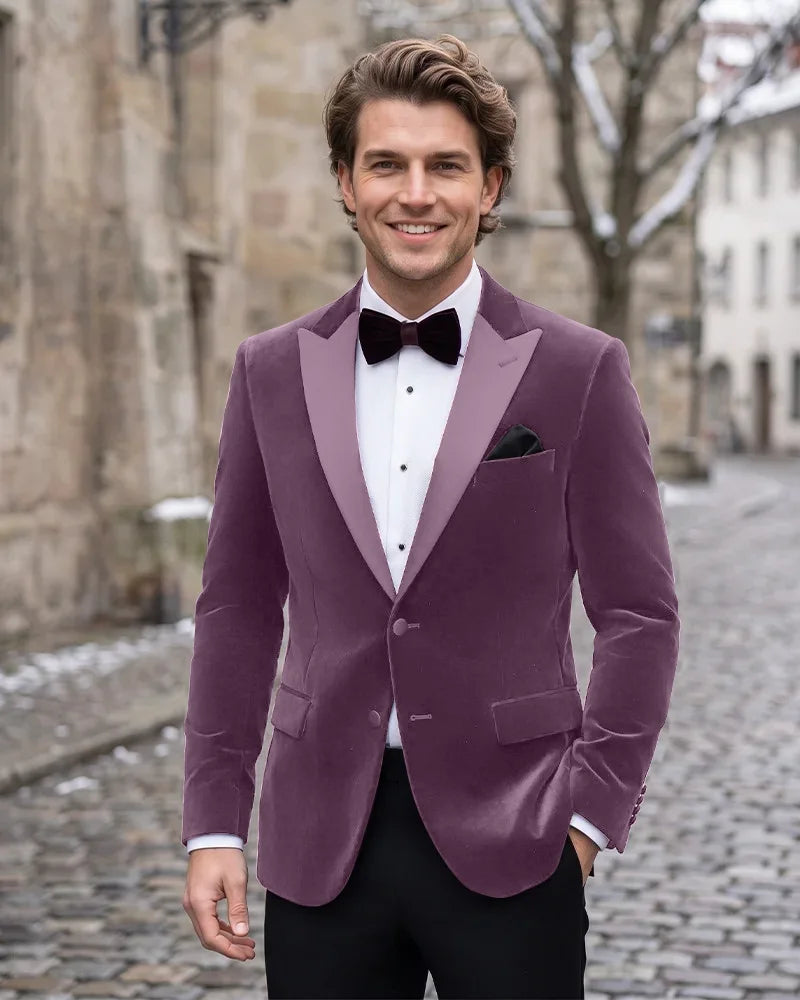 Velvet Peak Lapel Single Breasted Tuxedo Jacket-Purple-1