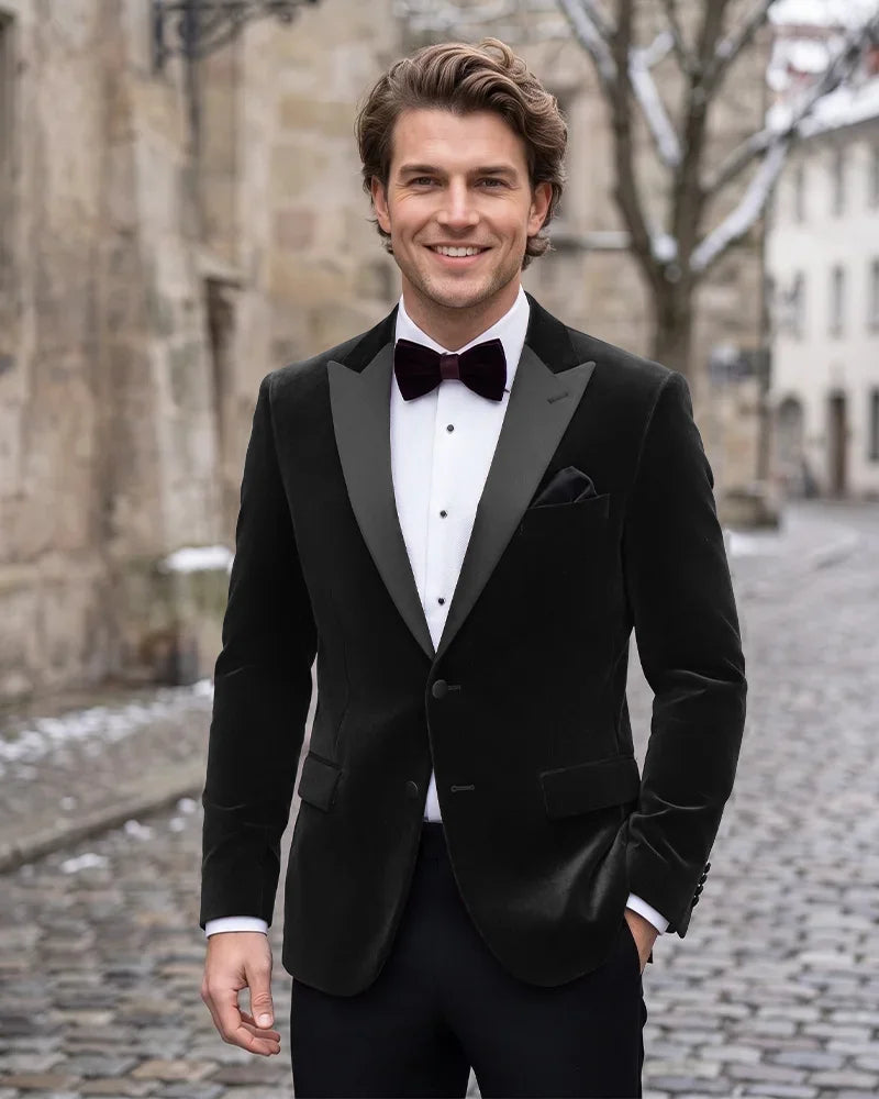 Velvet Peak Lapel Single Breasted Tuxedo Jacket-black-1