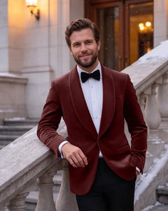 Velvet Shawl Lapel Tuxedo Jacket-Burgundy-1