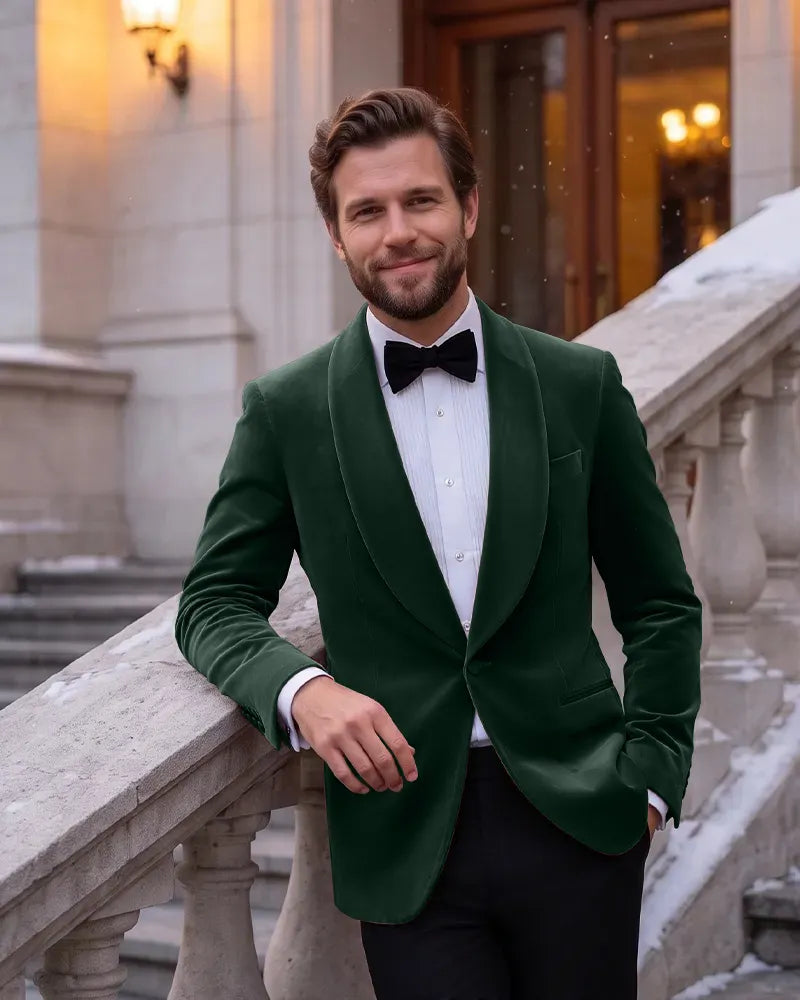 Velvet Shawl Lapel Tuxedo Jacket-Green-1