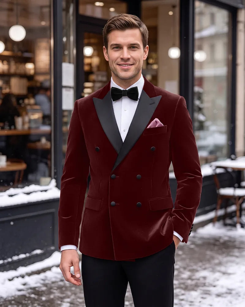 Velvet Peak Lapel Double Breasted 2 Piece Tuxedo-Burgundy-1