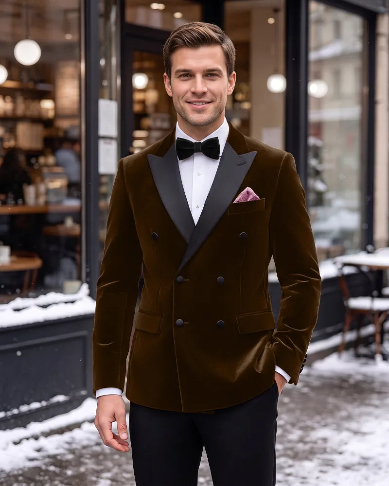 Velvet Peak Lapel Double Breasted 2 Piece Tuxedo-DarkBrown-1