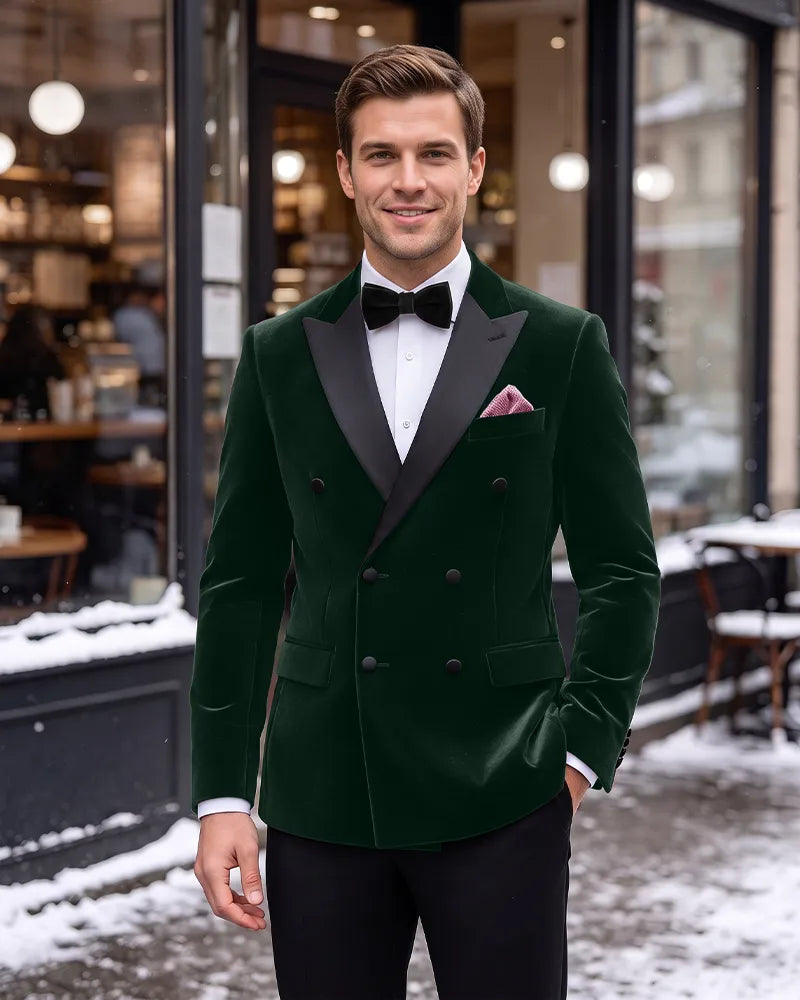 Velvet Peak Lapel Double Breasted 2 Piece Tuxedo-Green-1