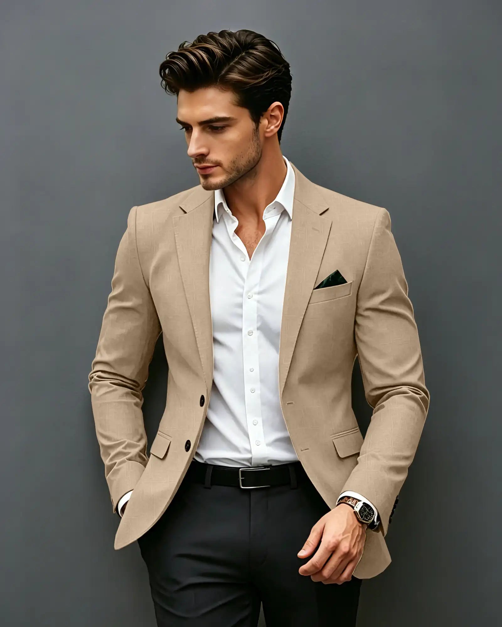 Slim Fit Notch Lapel Single Breasted Blazer -Brown -1
