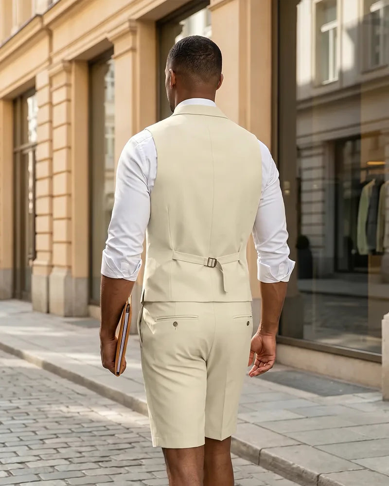 2 Piece Slim Fit Double Breasted Vest Matching Shorts Suit