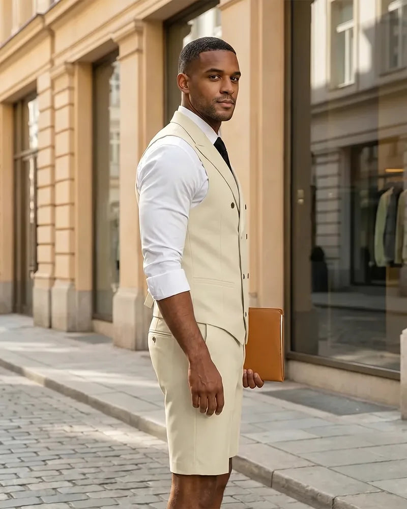 2 Piece Slim Fit Double Breasted Vest Matching Shorts Suit